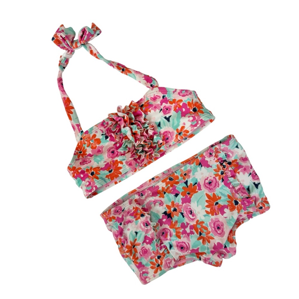 Janie & Jack Swimsuit Two Piece Floral Ruffle Size 4 Pink Orange Mint Green Blue